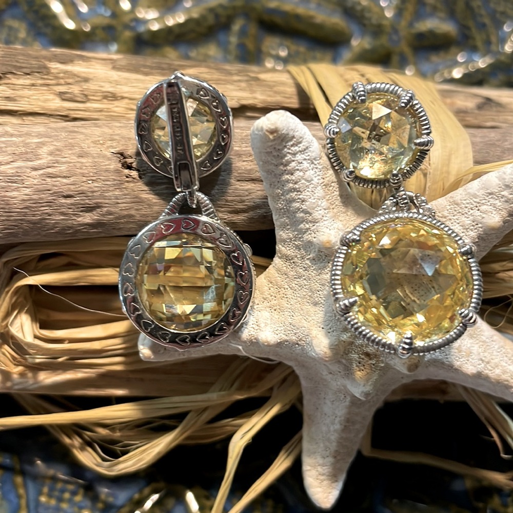 Authentic Judith Ripka citrine sterling drop earring with 18k posts.